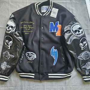NWT Aelfric Eden Men's XL Black Varsity Jacket Grim Reaper Skulls Skater Goth